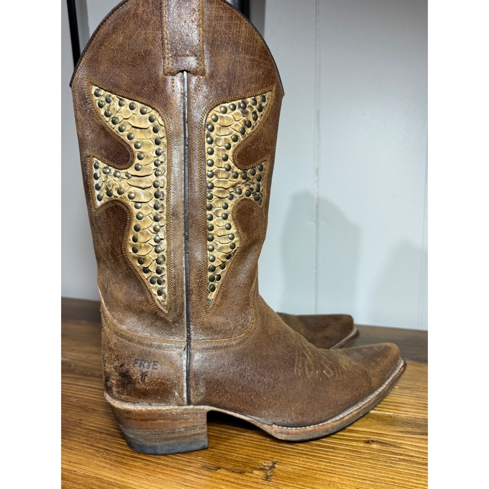 Frye Brown Leather Studded Western Heeled Boots - Picture 2 of 16